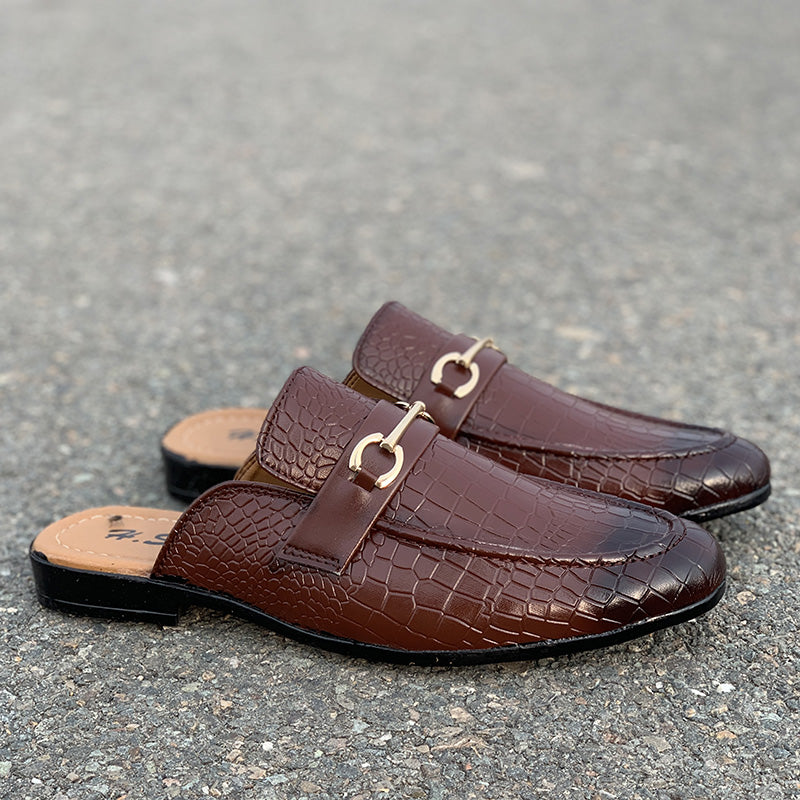 Hand Stitched Movik Brown Textured Mules