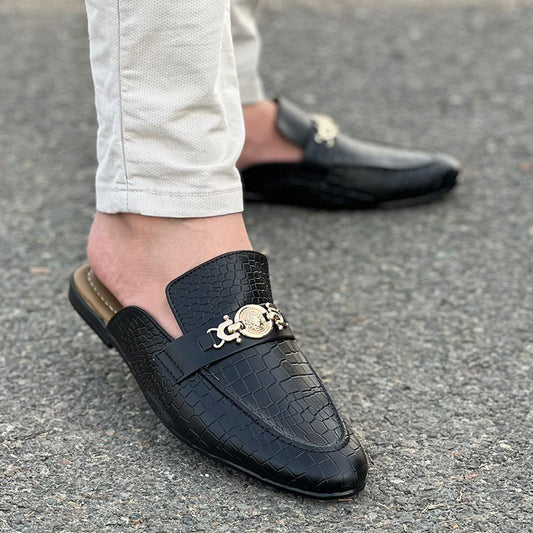 Hand Stitched Movik Black Textured Mules