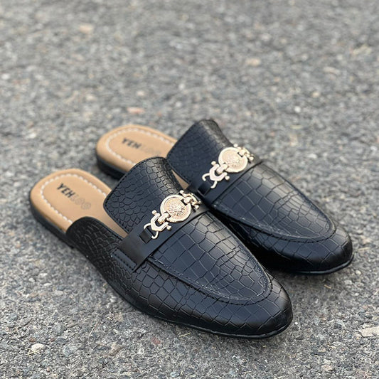 Hand Stitched Movik Black Textured Mules