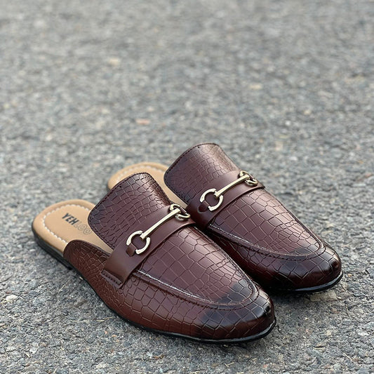 Hand Stitched Movik Brown Textured Mules