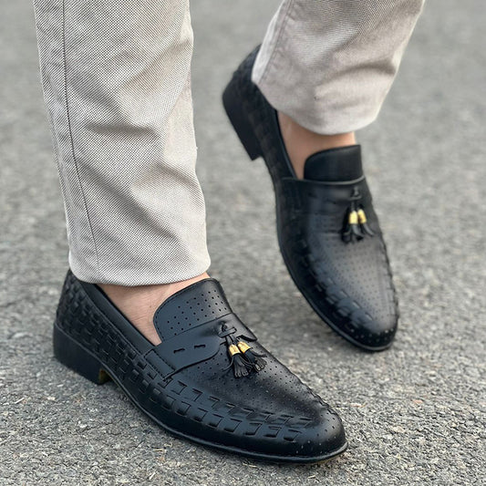 Handmade Enzo Black Woven Shoes