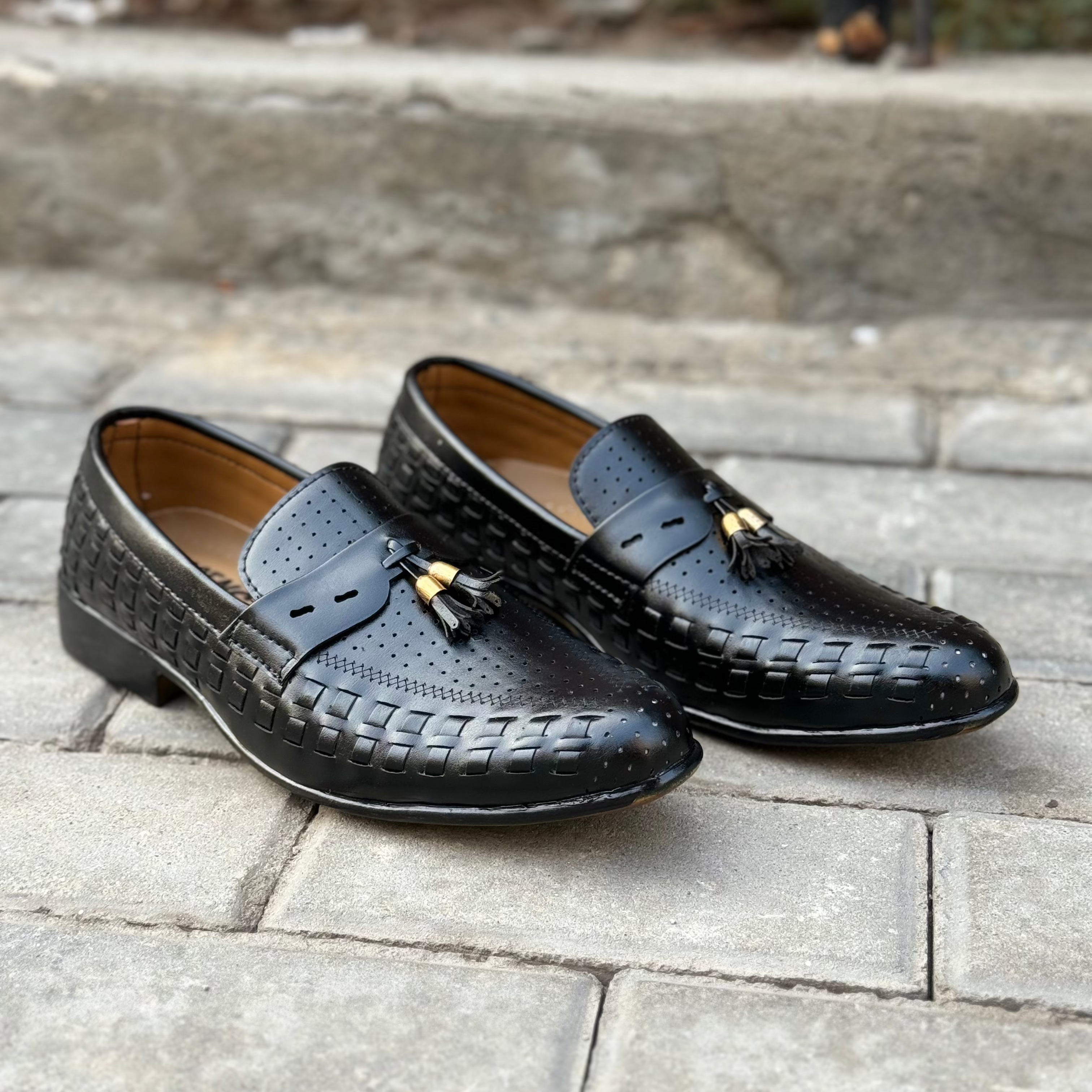 Handmade Enzo Black Woven Shoes