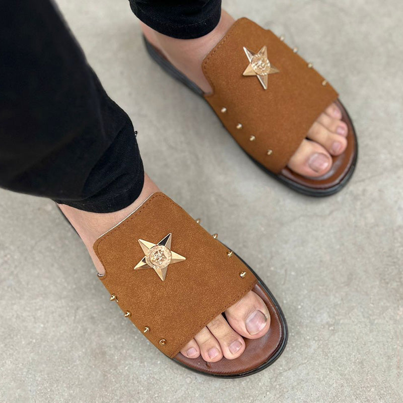 Hand Stitched Star Suede Brown Chappal - yehloo.com.pk