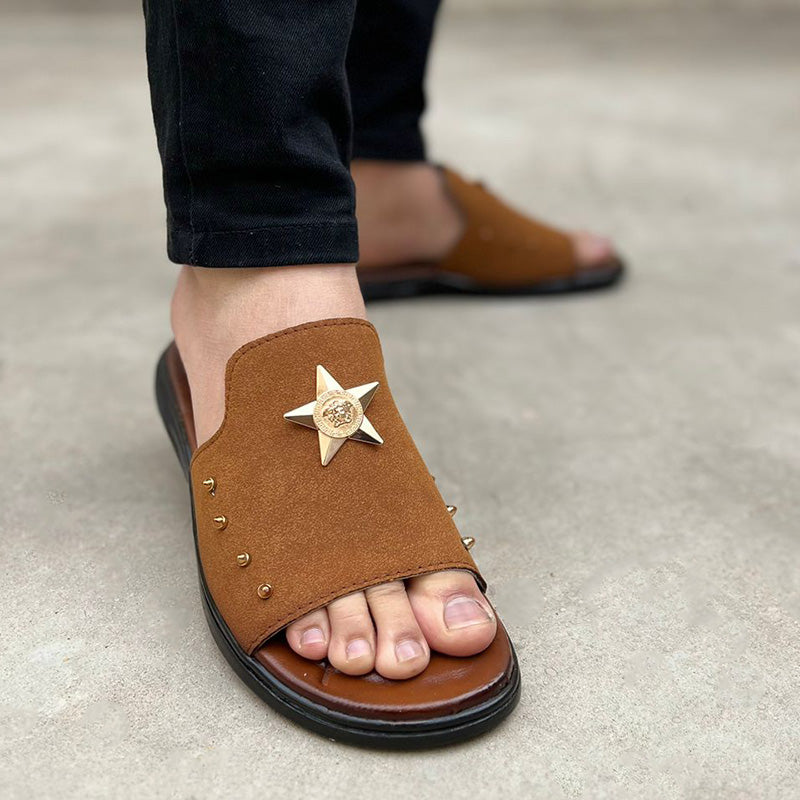 Hand Stitched Star Suede Brown Chappal - yehloo.com.pk