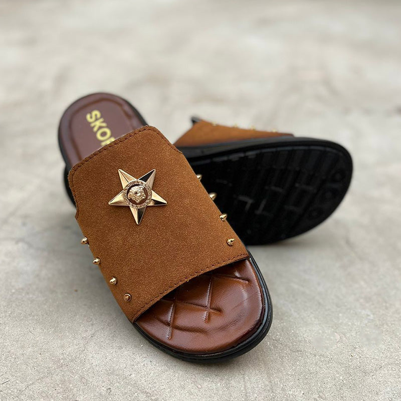 Hand Stitched Star Suede Brown Chappal - yehloo.com.pk