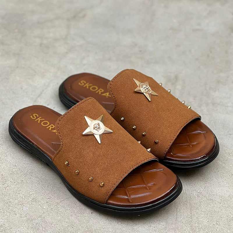 Hand Stitched Star Suede Brown Chappal - yehloo.com.pk