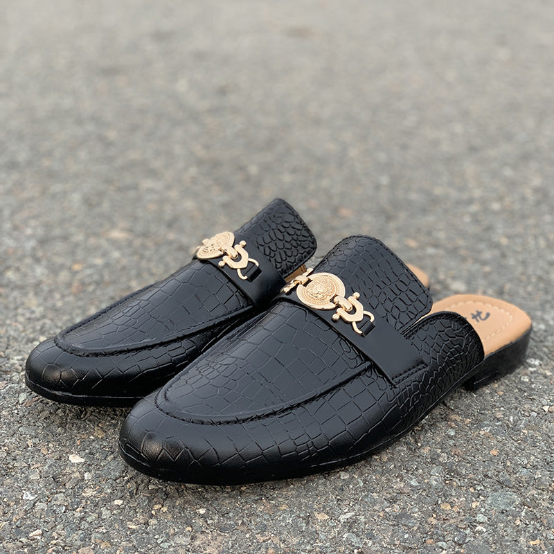 Hand Stitched Movik Black Textured Mules - yehloo.com.pk