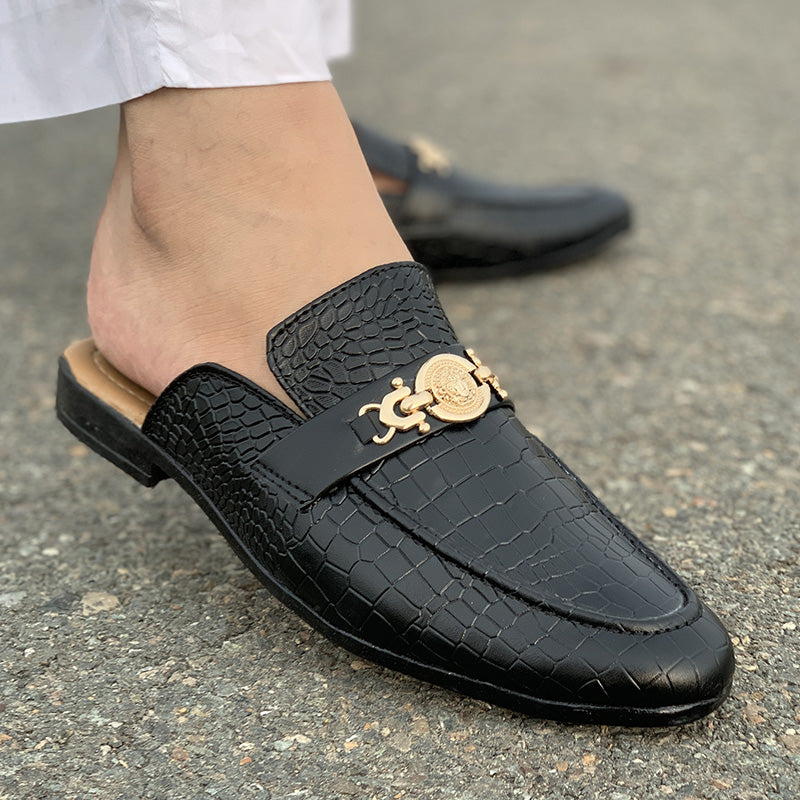 Hand Stitched Movik Black Textured Mules - yehloo.com.pk