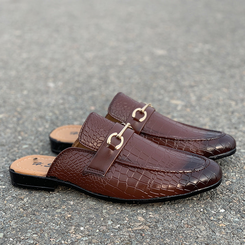 Hand Stitched Movik Brown Textured Mules - yehloo.com.pk