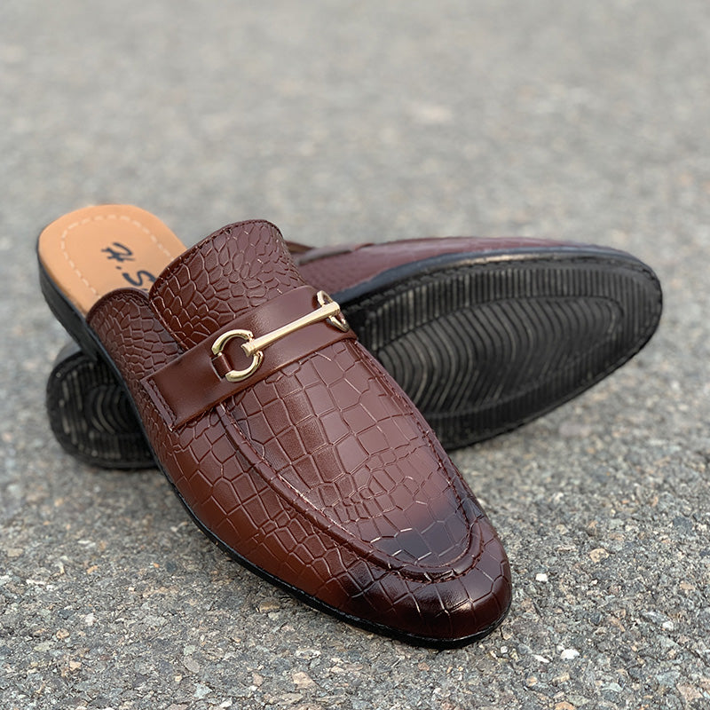 Hand Stitched Movik Brown Textured Mules - yehloo.com.pk