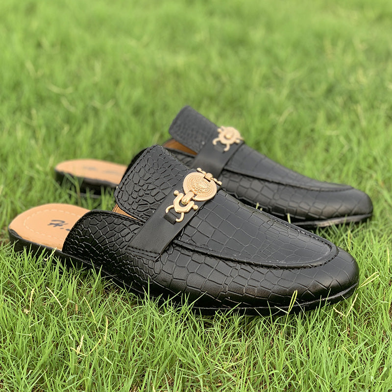 Hand Stitched Movik Black Textured Mules - yehloo.com.pk